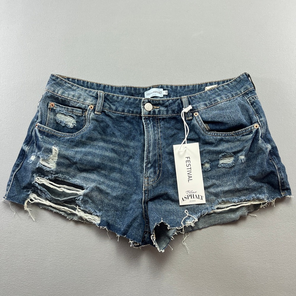Blue Asphalt Festival Denim Shorts Womens 13 Distressed Dark Wash Frayed Hem